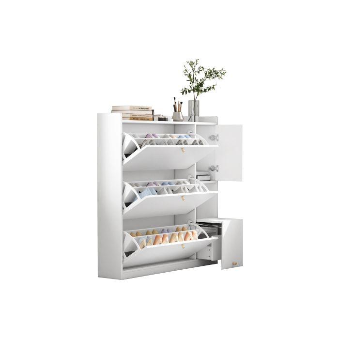 Meuble De Rangement - MUVOE - Armoire À Chaussures - Blanc - 3 Tiroirs - Banc Rabattable