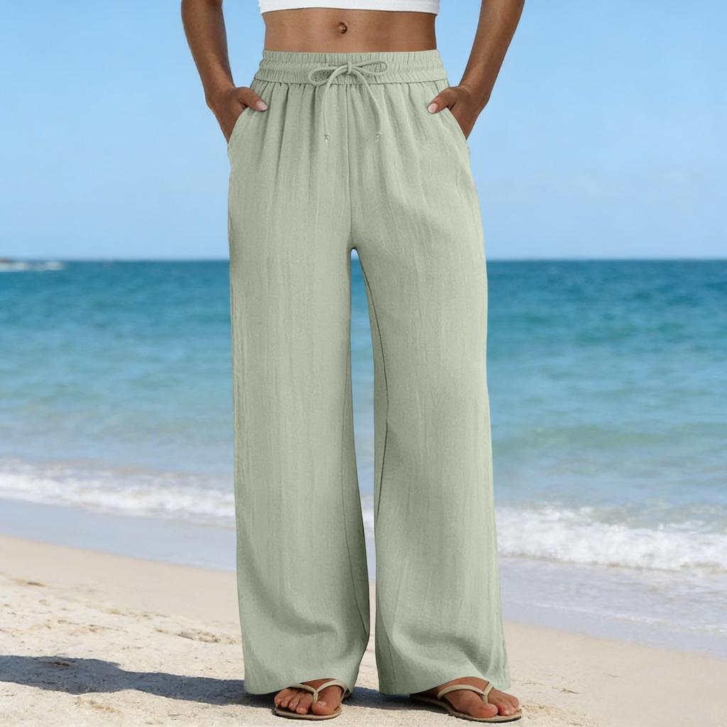 Wide Leg Pants For Women Flowy Drawstring Elastic Waist Trousers With Pockets Summer Beach Vacation Clothes