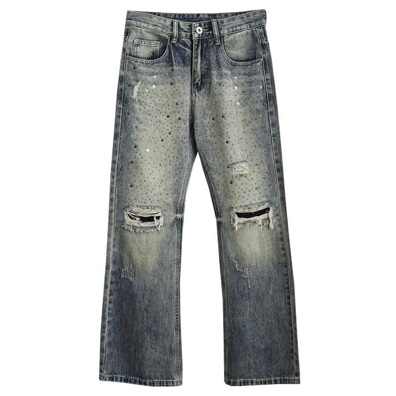 Hot diamond fake hole micro-horn jeans men's trousers loose trend autumn new ruffian handsome casual pants