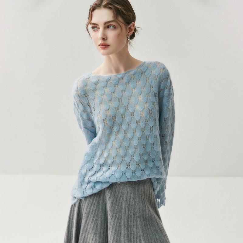 Hollow-Out Feather Design Women's Cashmere Knitwear Top - Lightweight Spring & Autumn Sweater