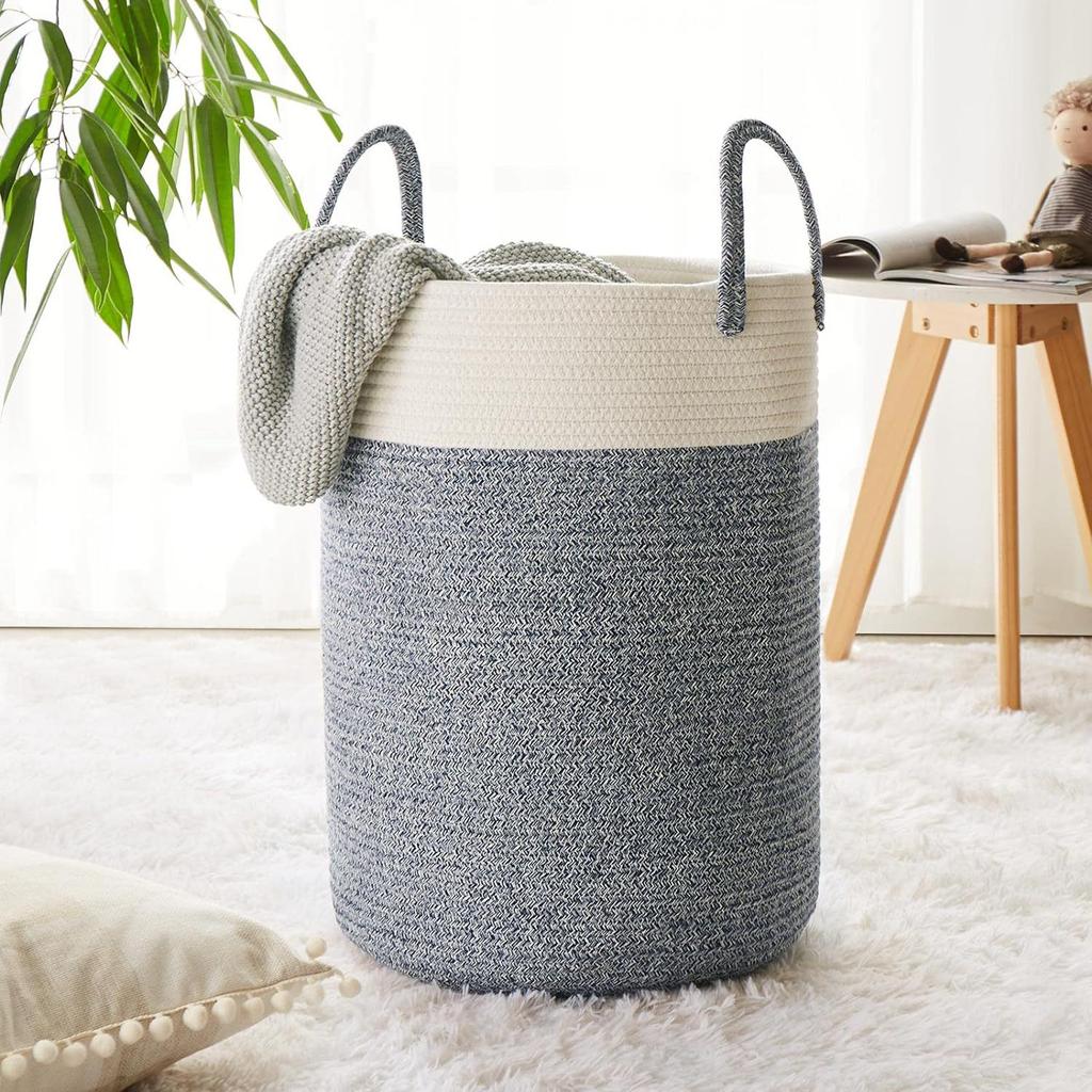 Large Woven Basket Rope Storage Baskets, Tall Cotton Basket, Laundry Basket for Blanket, Kids Toy, Nursery Clothes Hamper Basket