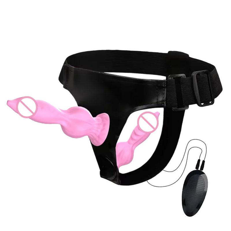 Wired Remote Vibrating Double Penetration Strap On Harness Realistic Silicone Dildo Panties Adjustable for Couples Pegging Anal