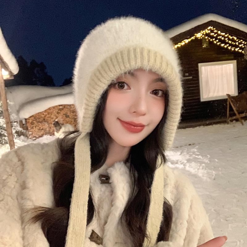 Autumn and Winter Hats for Women Windproof and Warmth Thickened Knitted Wool Hats Fashionable and Versatile Casual Big Head Ear Protection Hat