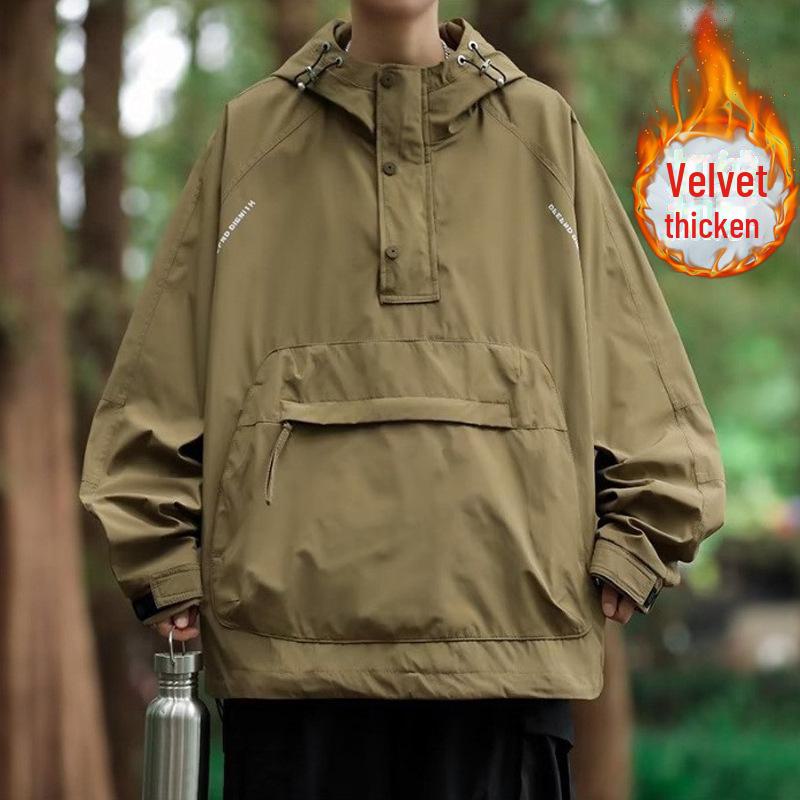 Men's Autumn Hooded Workwear Jacket with Zipper Pockets - Casual, Loose Fit Pullover Coat
