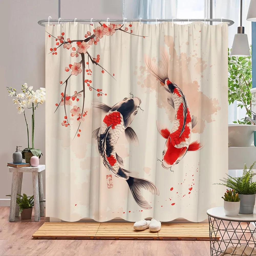 Koi Shower Curtain Asian Landscape Cherry Blossom Plant Pond Lotus Leaf Ink Painting Art Polyester Fabric Bathroom Decor Curtain