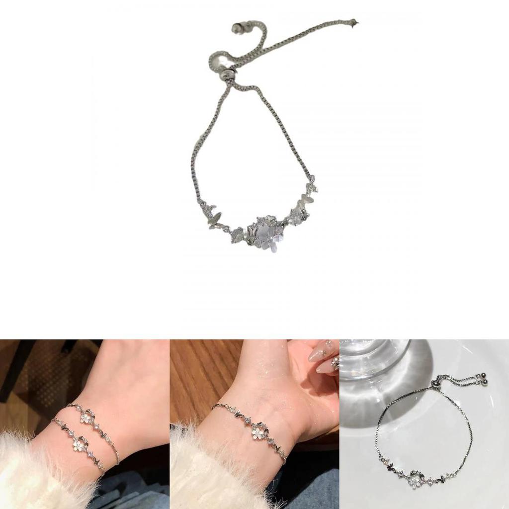 Minimalist Women's Silver Bracelet With Delicate Flower And Butterfly Elements