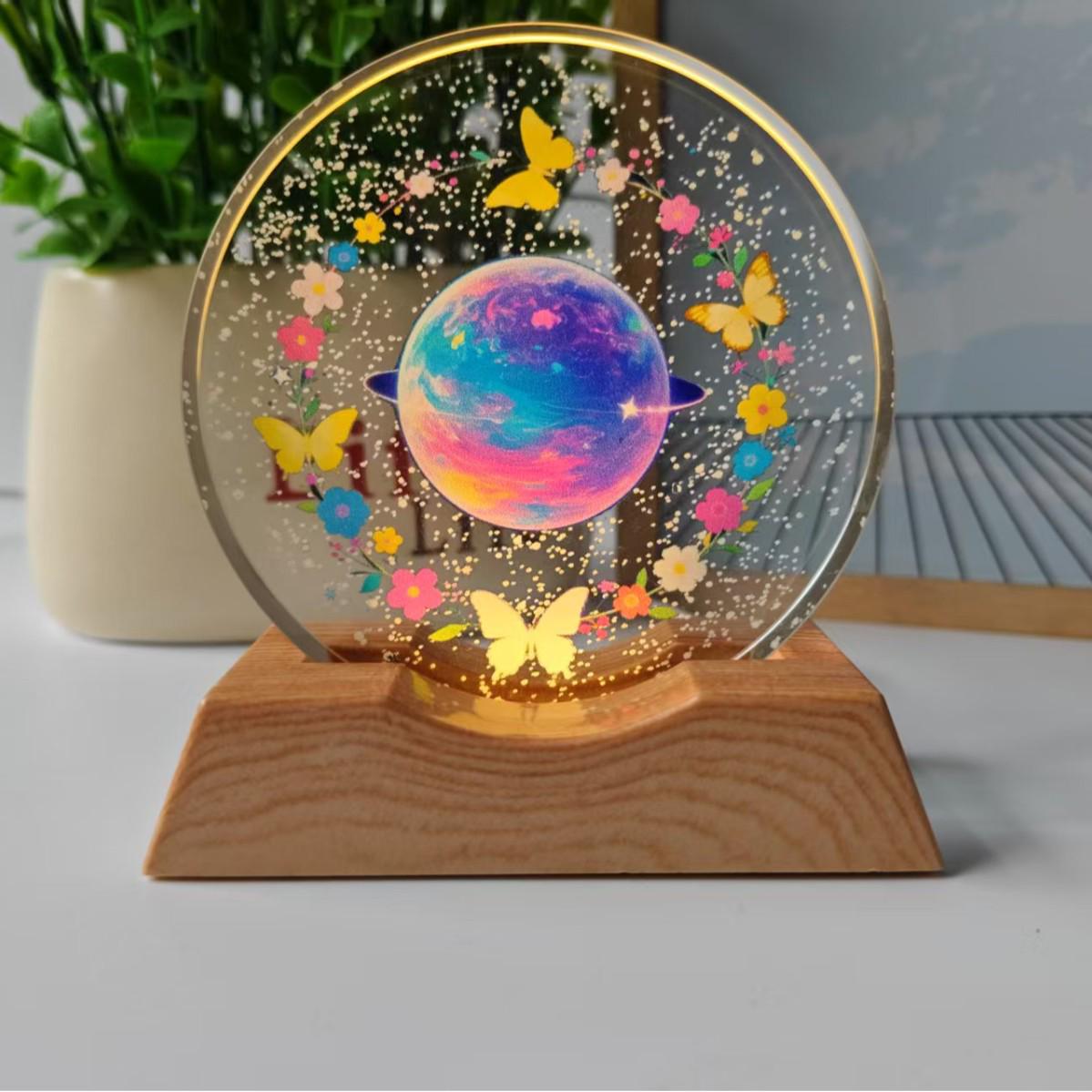 Starry Sky 3D Crystal Ball Night Light Ornament 6cm Disc + Warm Light Base USB Interface