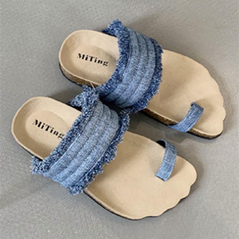 

Fashion Retro Denim Clip Toe Brand Flip Flops Women Comfortable Cork Thick Bottom Slippers Fashion Summer Beach Flat Sandals Casual Shoe 39 синий