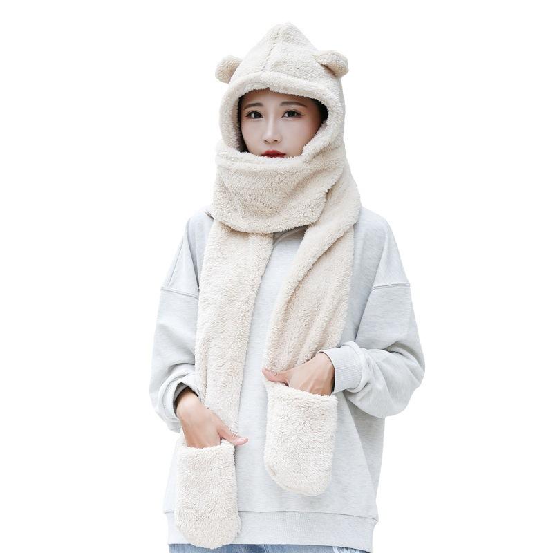 Hat Scarf Gloves Integrated Winter Fleece Cute Warm Plush Hat Thickened Ear Protection Neck Protection Cycling Neck Protection