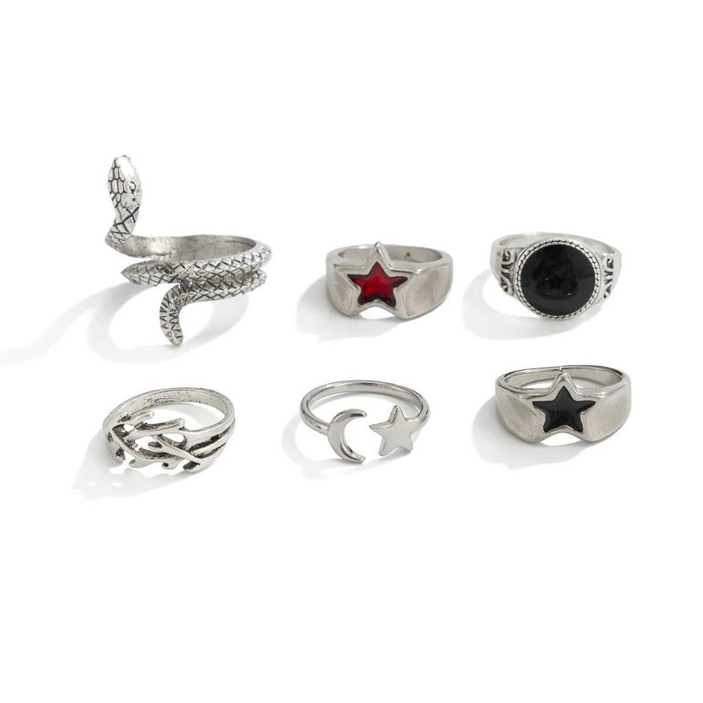 Salircon 6Pcs/set Gothic Snake Open Rings for Men Punk Creative Irregular Stars Adjustable Finger Ring Jewelry Halloween Gifts