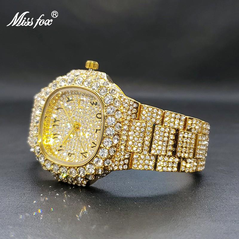 MISSFOX Mens Gold Hiphop Watch Arabic Numeral Dial Quartz Wristwatch