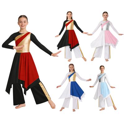 Girls Metallic Contrast Asymmetrical Hem Dress Wide Leg Pants Lyrical Praise Dance Costume Set