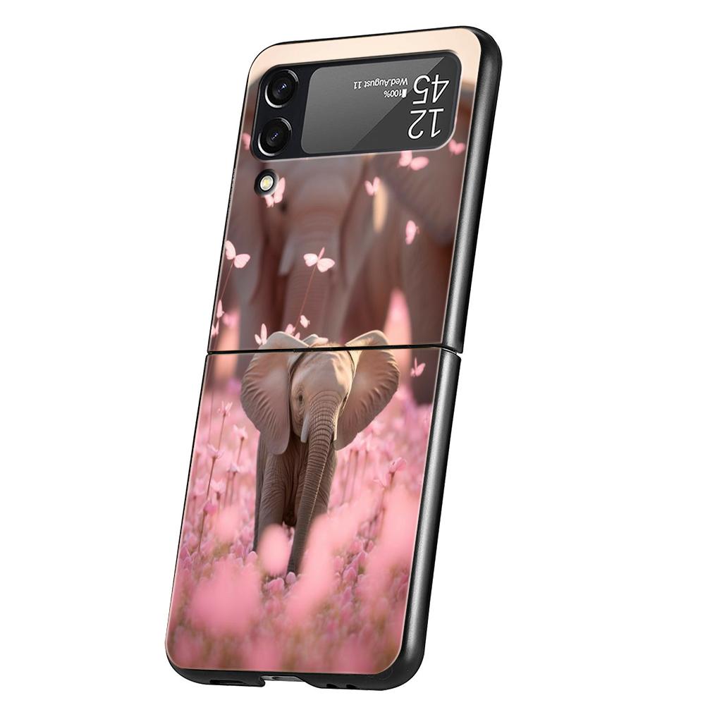 Hard PC Phone Case For Samsung Galaxy Z Flip 7 6 5 4 Black Cover For Galaxy Z Flip 3 Foldable Shockproof Capas Animal Elephant