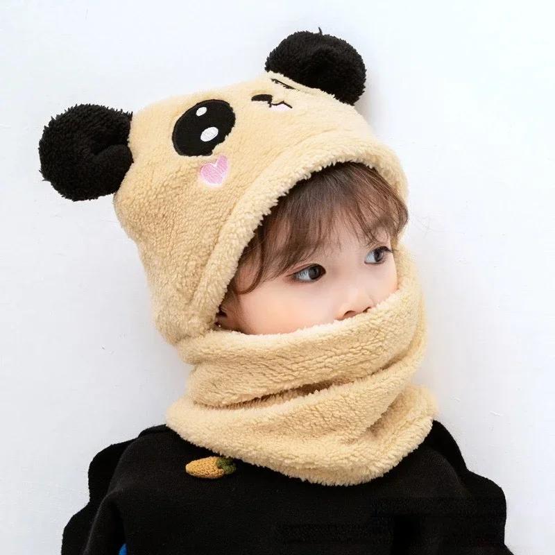Cartoon Hat for Girls Boys Scarf Thicken Cap Winter Hat for Kids Newborn Baby Stuff Children Hat Plus Fleece Kids Caps 1-12Years