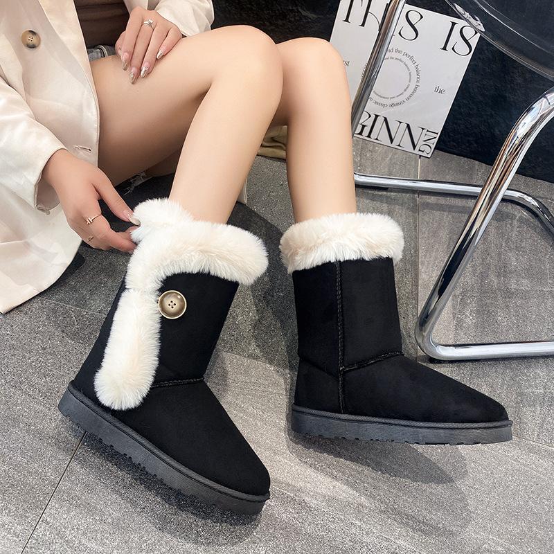 2025 Warm Flat-bottomed Casual Medium Boots Women's Winter Large Size Velvet Thickened Foreign Trade Snow Boots