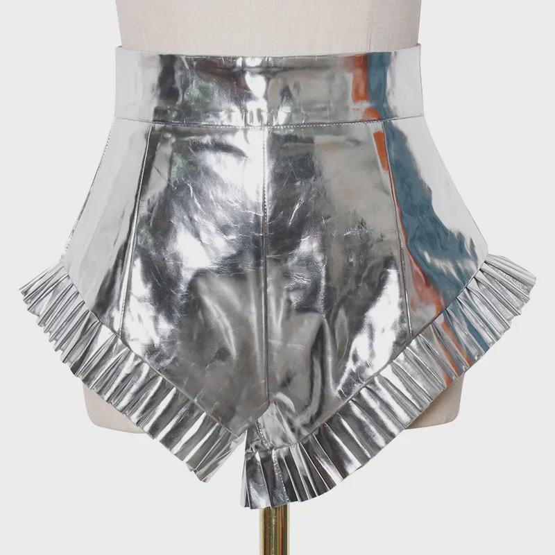 2025 Summer High Waist Zippered Pleated Silver PU Shorts for Women