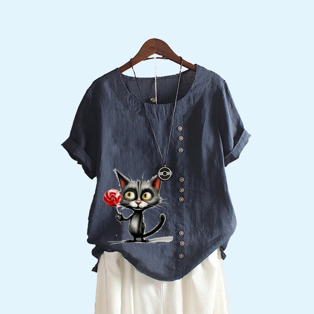 Women Loose Linen Blouse Women Fashion Round Collar Cat Print Top Summer Casual Short Sleeved T-shirt