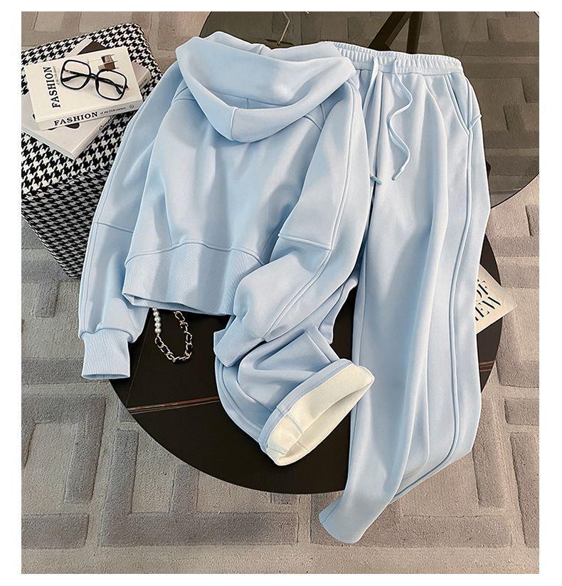 Autumn/Winter Fashion Velvet Hooded Sweatshirt & High-Waisted Wide-Leg Pants Set