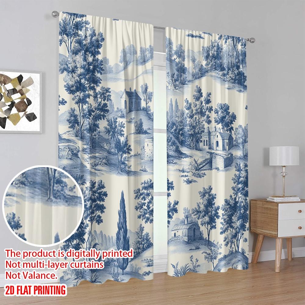 Plane Printing Curtains Digital Printed Blue Landscape Scene Durable Polyester Fabric Without Rod Versatile Set Of 2 Made