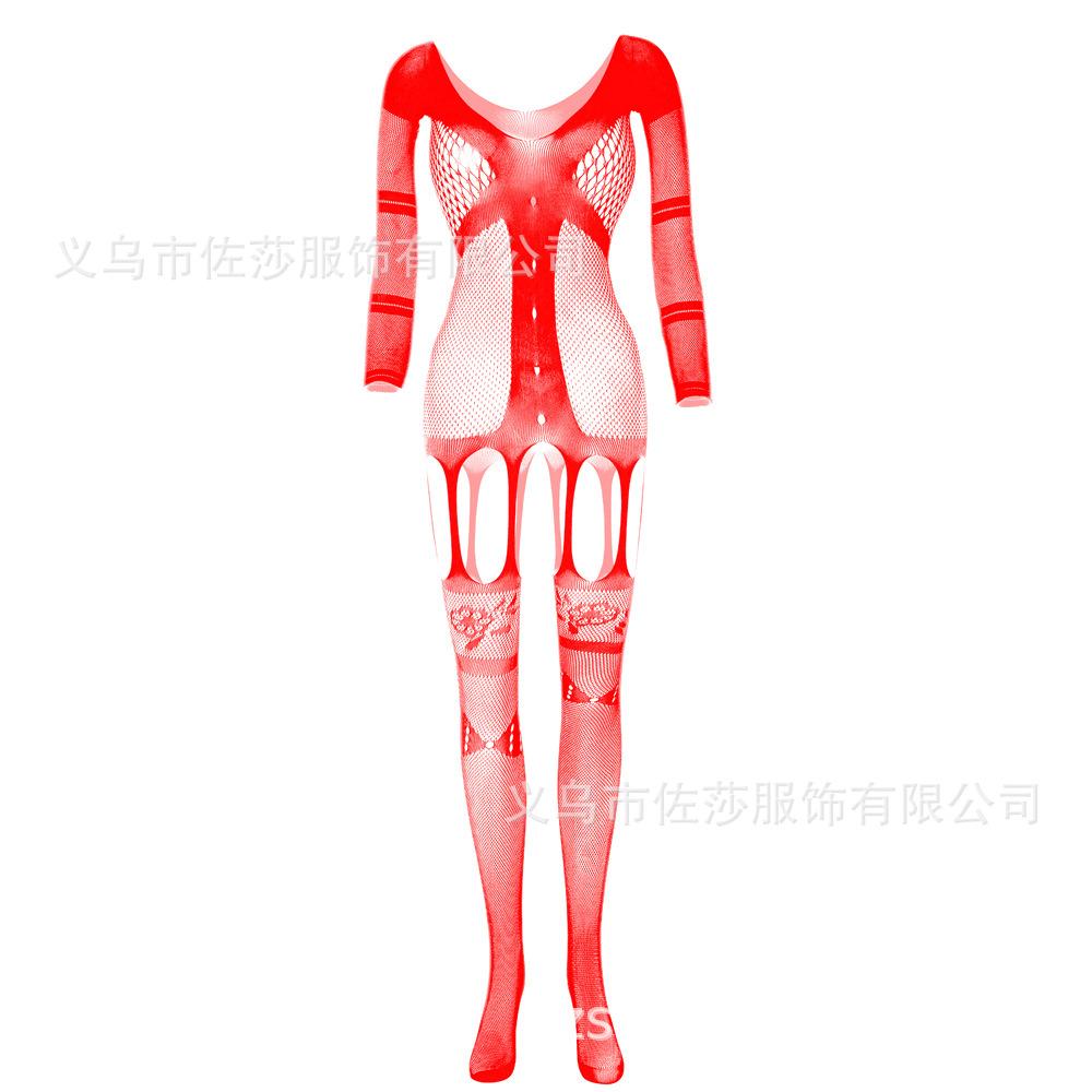 Sexy Underwear New Women's Transparent Jacquard Sexy One-piece Mesh Garment Suspenders Pantyhose Hollow Long-sleeved Garters