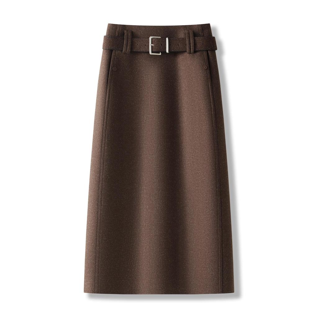 Elegant Woolen Coffee Midi Skirt - Women's Autumn/Winter 2025, Thickened Professional Design, Versatile Style