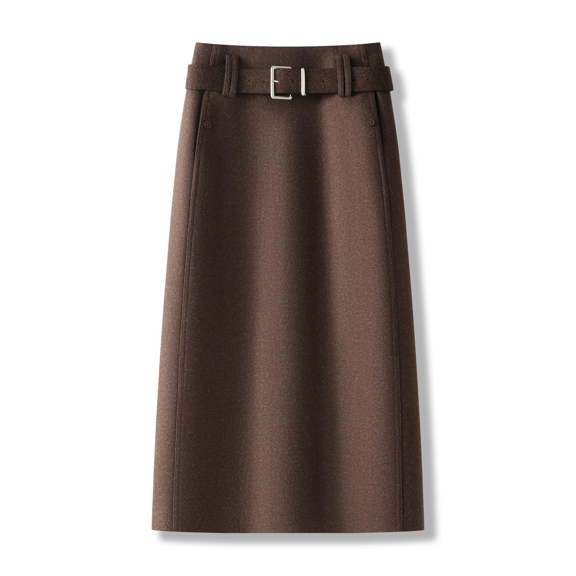 Elegant Woolen Coffee Midi Skirt - Women s Autumn/Winter 2025, Thickened Professional Design, Versatile Style S (85-95 jin)