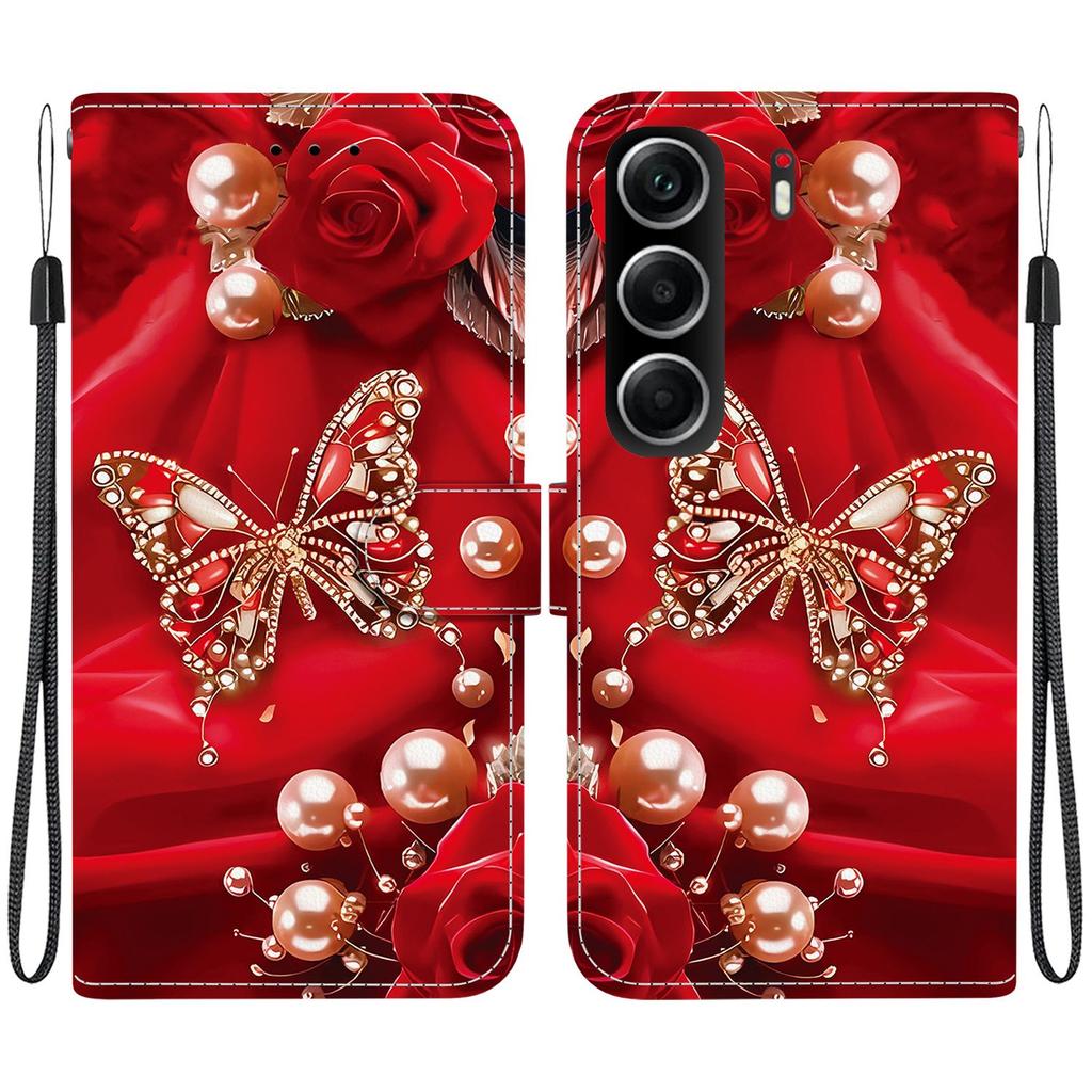 Handgefertigte PU-Leder-Klapphülle für Tecno Camon 40, rutschfeste, stoßfeste Hülle mit Handschlaufe und Herz-/Rosen-/Katzen-Designs