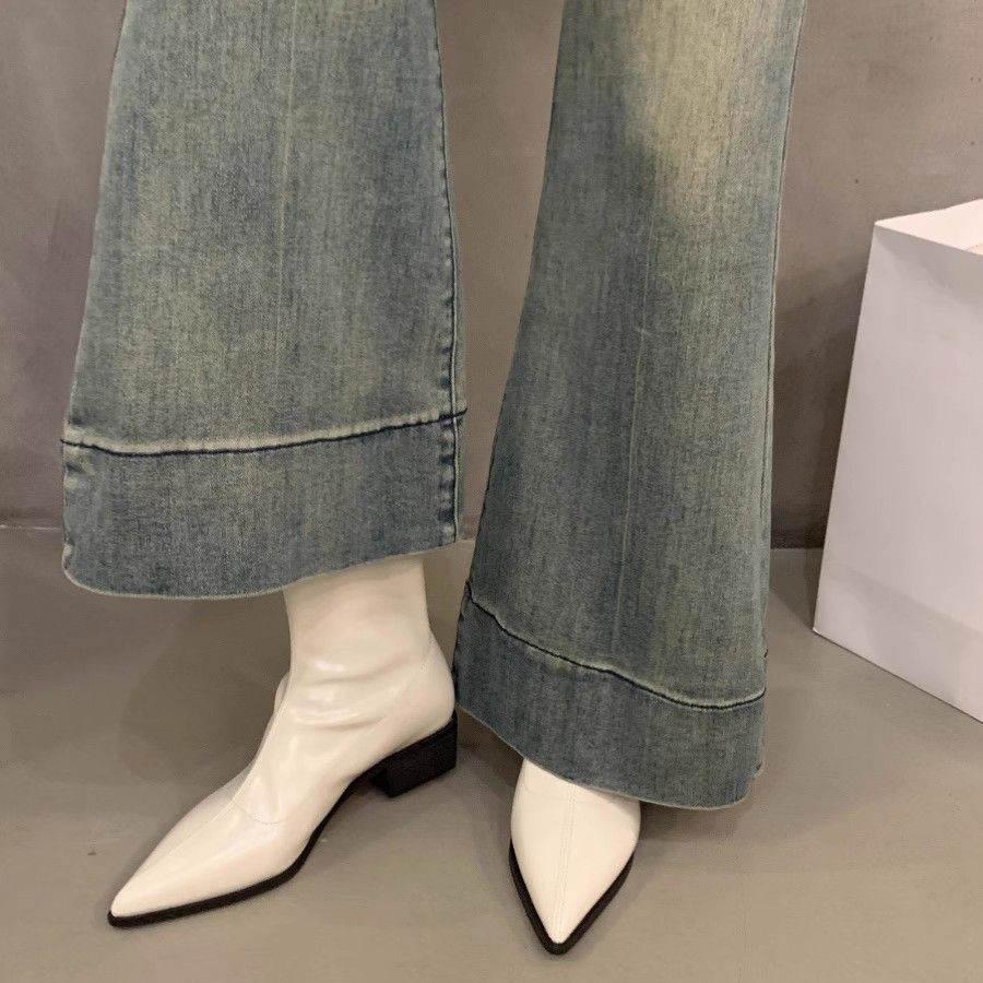 Korean small bare boots, black pointed short boots, women's shoes 2025 new models, super autumn and winter foreign thick heel thin boots