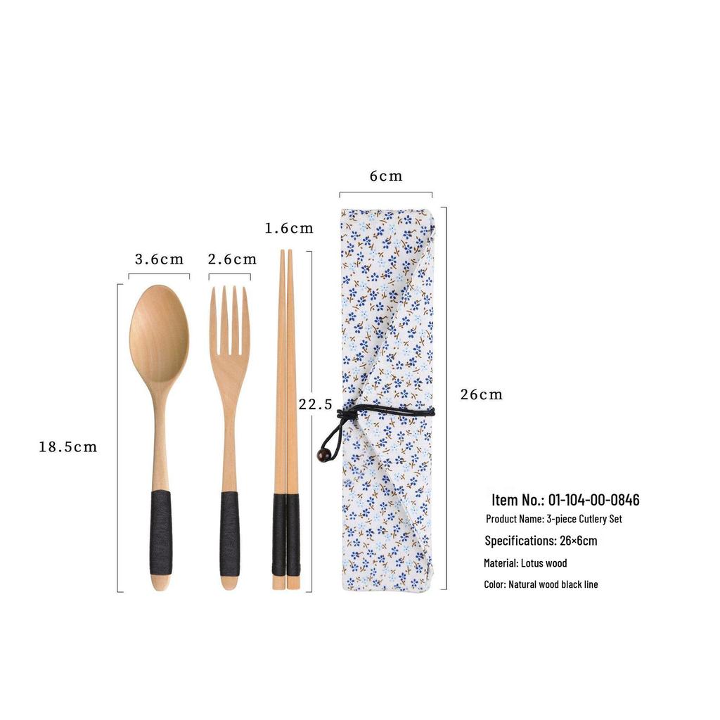 YFJY Japanese Style Wooden Chopsticks, Spoon & Fork Set for Students and Children with Cloth Bag - Three-Piece Tableware Set