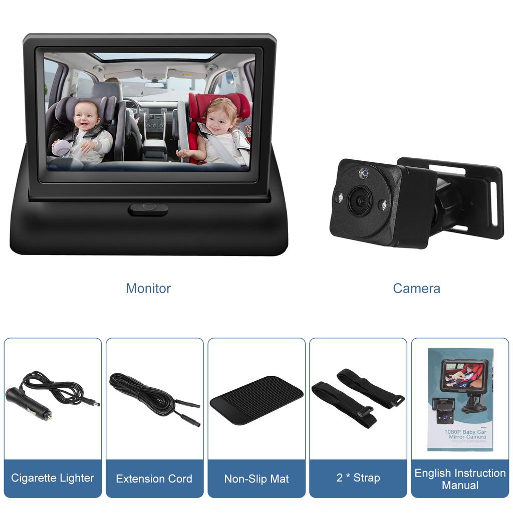 1080P Baby Car Camera, 4.3  Baby Monitor with Night Vision Function and 150 degrees  Wide View, 360 degrees  Rotation