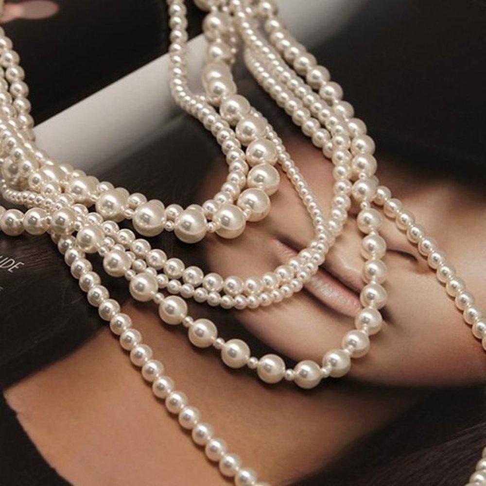 [Ribbon Cream] Pearl Dress Mix Long Necklace