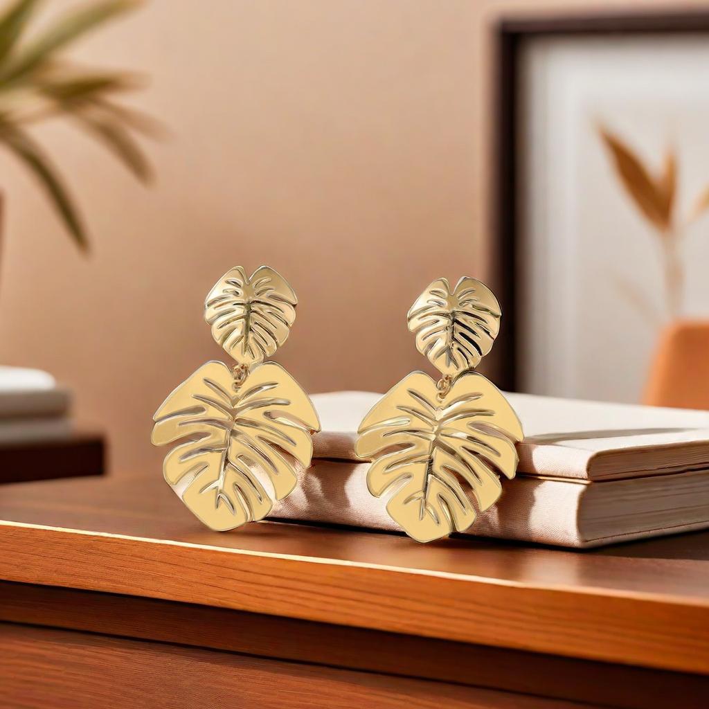 Vintage Monstera Palm Gree Leaf Charm Drop Dangle Stud Earrings For Women Girl Elegant Casual Chic Modern Jewelry