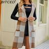 BITCED Women's Longline Blazer-Collar Sleeveless Knit Cardigan Check Jacquard Knitted Vest Outerwear Cardigan