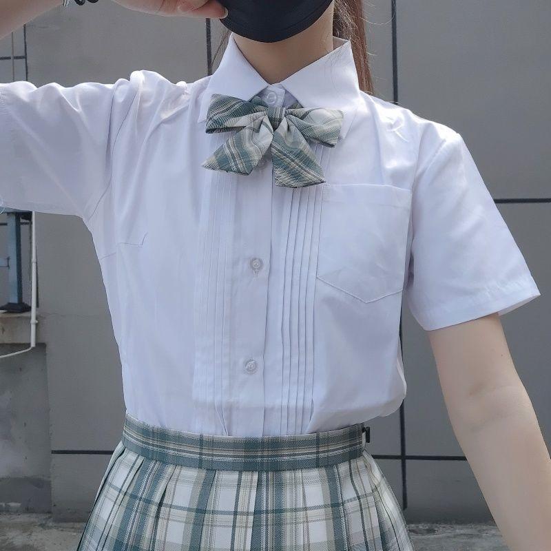 Women's Summer Academy Style Pleated Short Sleeve Blouse with Pointed Collar