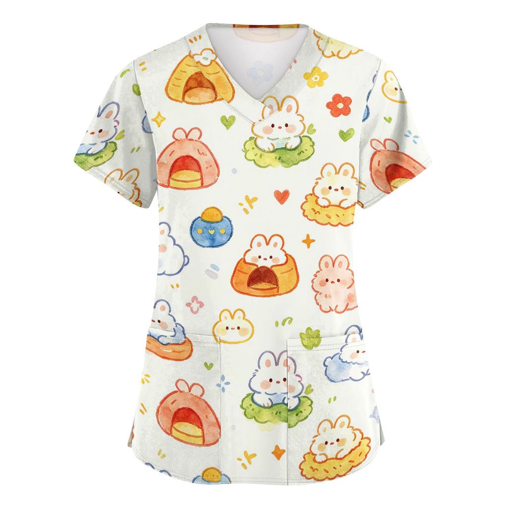 Women's V Neck Short Sleeve Work Top with Pockets Animal Print Medical Scrub Shirt for Healthcare Professionals Nursing Uniform