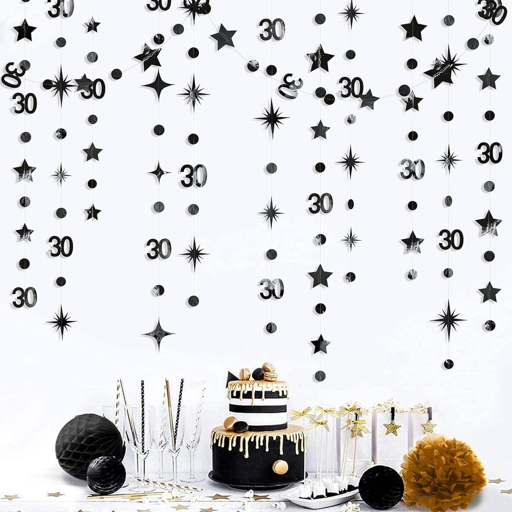 Black 30th Birthday Decorations Number 30 Circle Dot Twinkle Star Garland Metallic Hanging Streamer Bunting Banner Backdrop for Mens Womens Happy