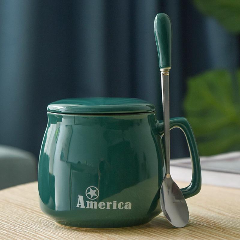 Creative Ceramic Cup With Lid And Spoon Milk Cup Day Breakfast Cup Coffee Cup Customization