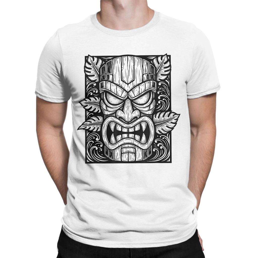 Tiki Woodcut Polynesian Tropical Hawaiian Party Luau Island T Shirt for Men Cotton Fashion for Male TShirt Crewneck Tees Gift