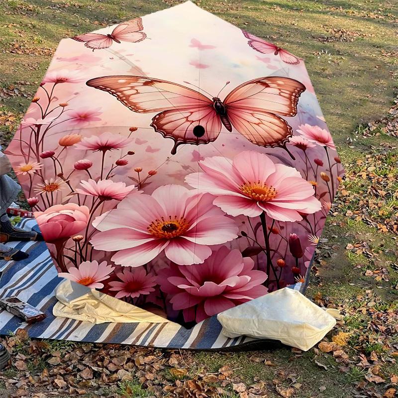 1pc Butterfly Flowers Automatic Open/Close Umbrella Compact Folding Umbrella with 8-Rib Shaft for Women/Men, Portable Travel Umbrella,1181S