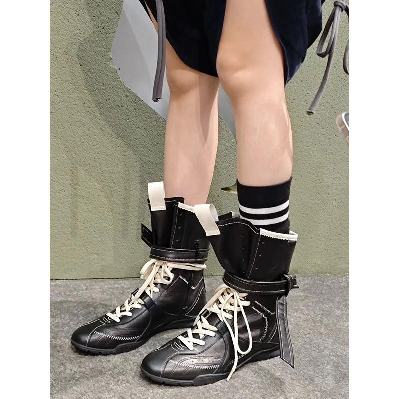 Cowhide version~ Flat bottom inner height increase leather Martin boots women's new boxing boots frosted leather lace-up short boots German training