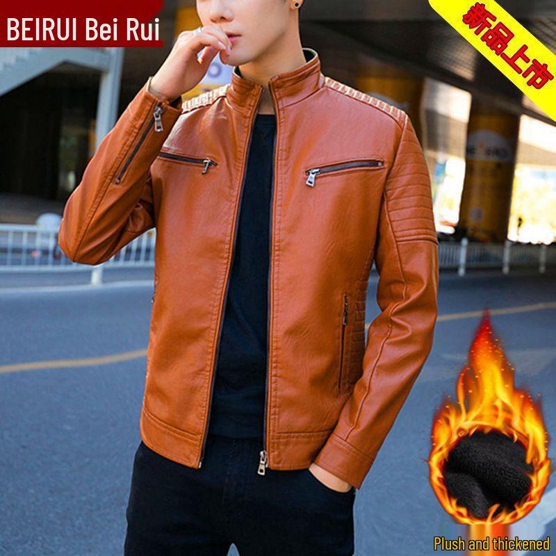 Korean Style Men's Winter Leather Motorcycle Jacket with Velvet Lining