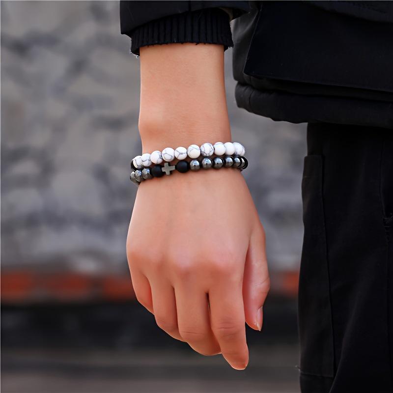 Temu Bestseller: White Turquoise & Black Agate Couple's Cross Bracelet Set