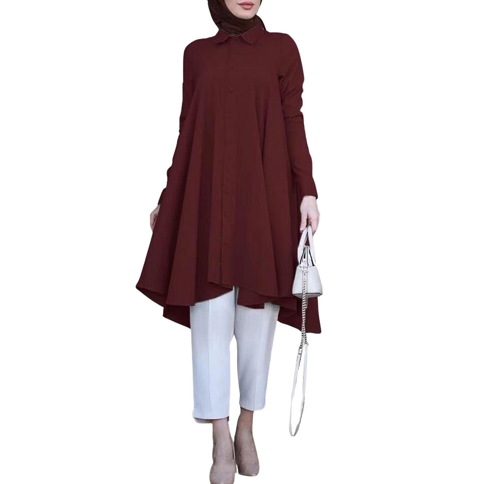 

Мусульманские женские платья-рубашки с лацканами, застежкой на пуговицы, ласточкиным хвостом, изогнутым подолом, разноцветные, с длинным рукавом XL красный