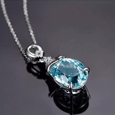 New Temperament Sweet Newly Women's Necklace with Sky Blue Cubic Zirconia Silver Color Wedding Party Statement Jewelry Gift