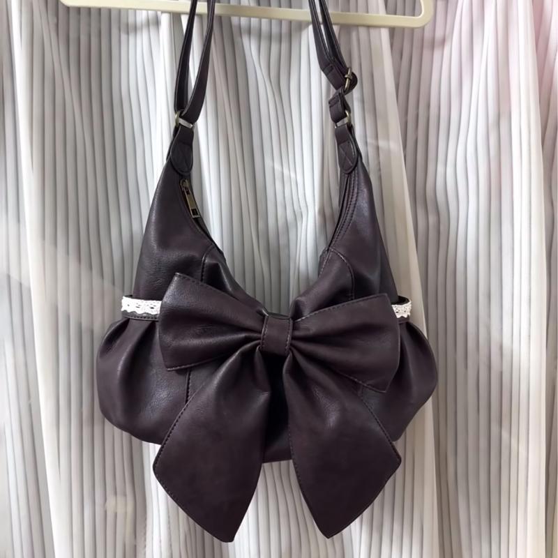Bow-knot Lace Shoulder Bag Vintage Coffee-colored Large Capacity Handbag Y2k Hot Girl Bag Student Commuting Casual Crossbody Bag