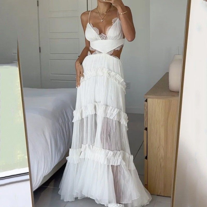 

European and American Women Seaside Vacation Sanya Long dress Fashion Casual Solid Loose Dress Sexy Party Dress White XS