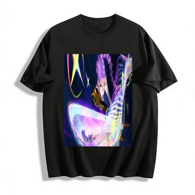 Cool Colorful Battle Girl Print T-shirt Trendy Anime Style Loose Breathable Casual Top Pure Cotton T-shirt