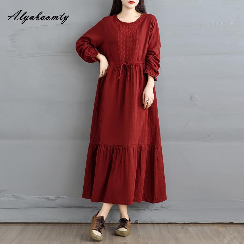 Korean Style Plus Size Spring Autumn Women Midi Dress O Neck Red Green Brown Burgundy Oversized Dress Lace Up Embroidery Cotton Dress