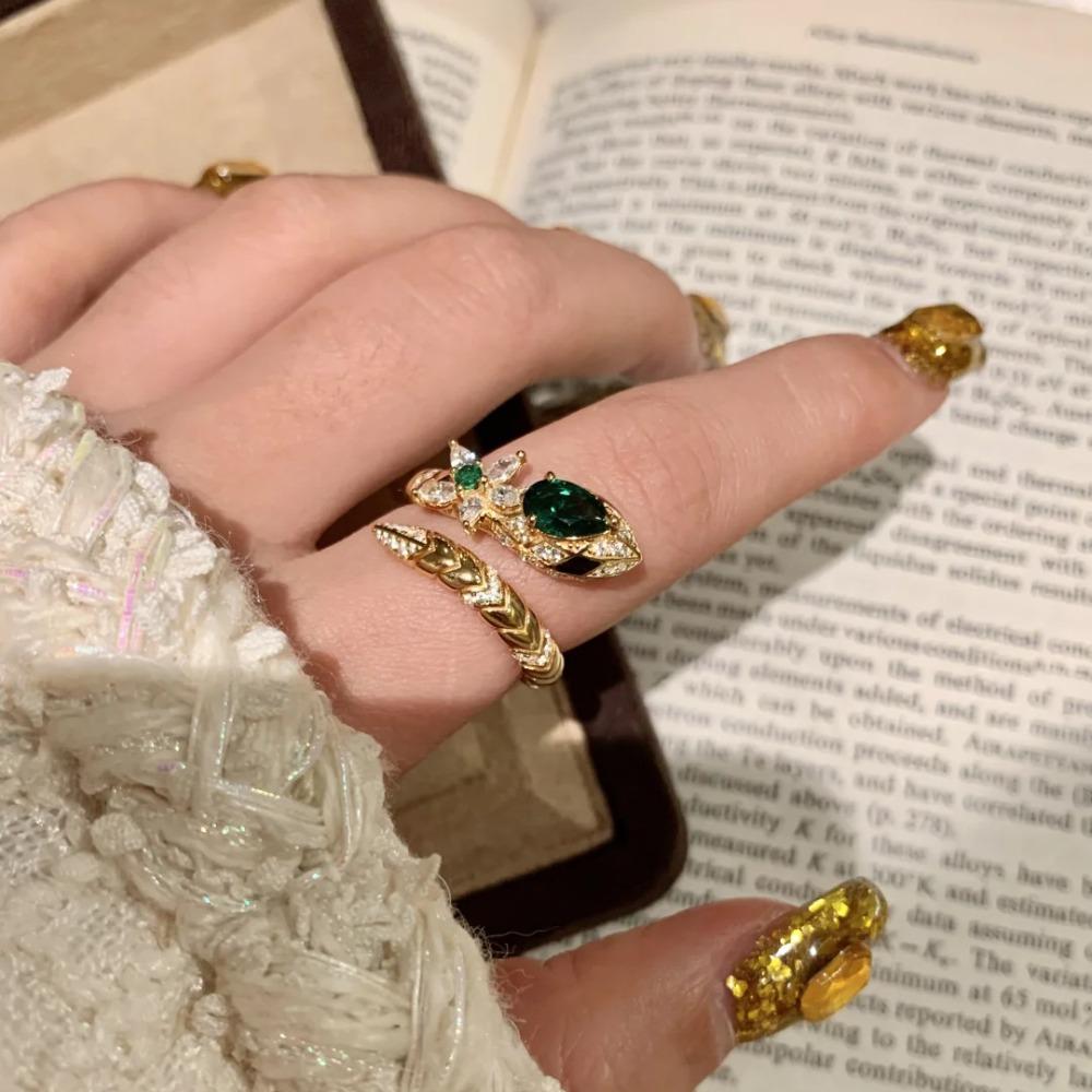 Винтажное изумрудное кольцо-змея, элегантное, открытое, регулируемое, с бриллиантами, обвивающая палец змея, ювелирное изделие для пальца Adjustable