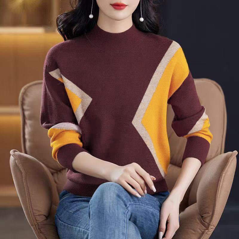 ZANZEA Women Colorblock Half-Turtleneck Long Sleeve Patchwork Blouse